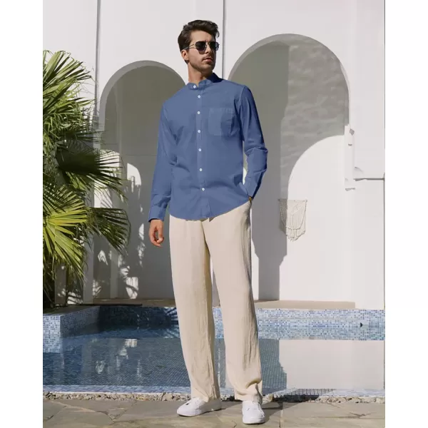Alimens &amp; Gentle Men's Cotton Linen Shirts Long Sleeve Button Down Shirt Band Collar Beach Shirts