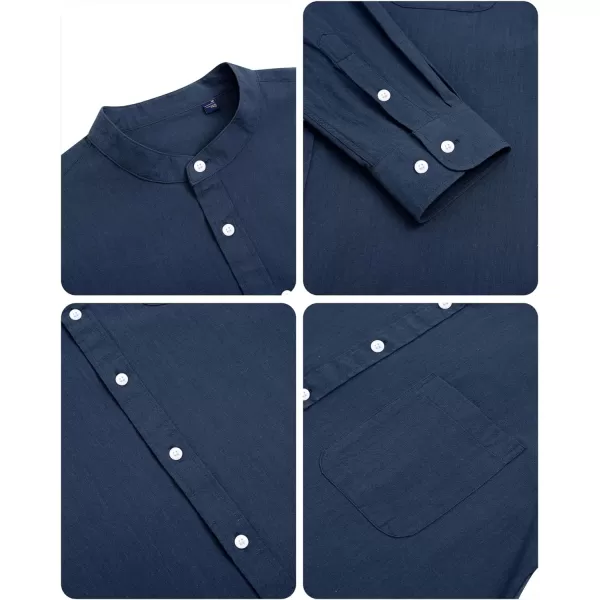 Alimens &amp; Gentle Men's Cotton Linen Shirts Long Sleeve Button Down Shirt Band Collar Beach Shirts