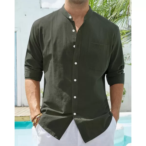 Alimens &amp; Gentle Men's Cotton Linen Shirts Long Sleeve Button Down Shirt Band Collar Beach Shirts