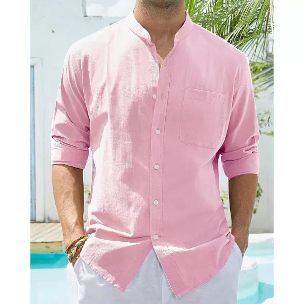 Alimens &amp; Gentle Men's Cotton Linen Shirts Long Sleeve Button Down Shirt Band Collar Beach Shirts
