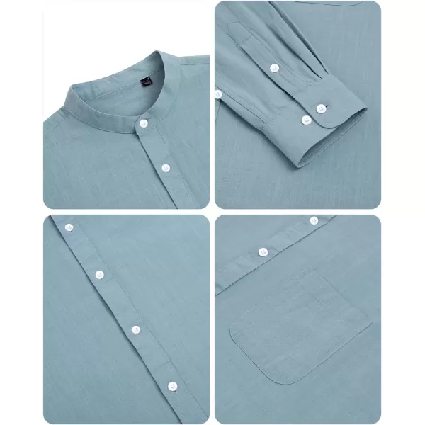 Alimens &amp; Gentle Men's Cotton Linen Shirts Long Sleeve Button Down Shirt Band Collar Beach Shirts