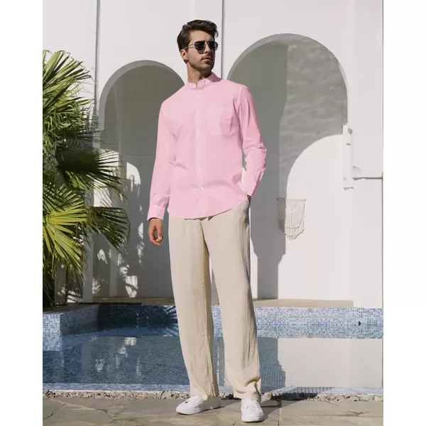 Alimens &amp; Gentle Men's Cotton Linen Shirts Long Sleeve Button Down Shirt Band Collar Beach Shirts