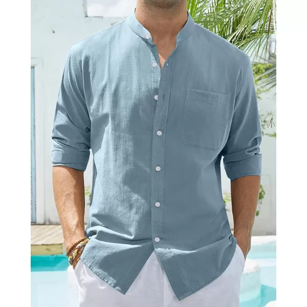 Alimens &amp; Gentle Men's Cotton Linen Shirts Long Sleeve Button Down Shirt Band Collar Beach Shirts