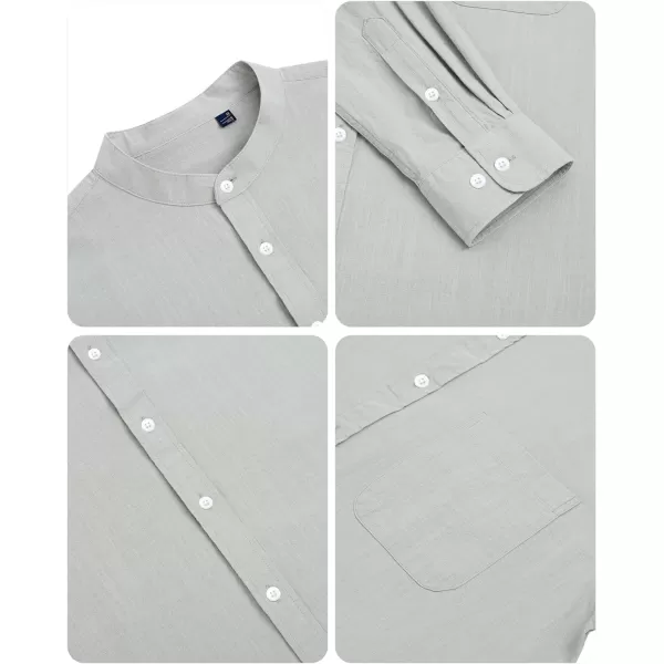 Alimens &amp; Gentle Men's Cotton Linen Shirts Long Sleeve Button Down Shirt Band Collar Beach Shirts