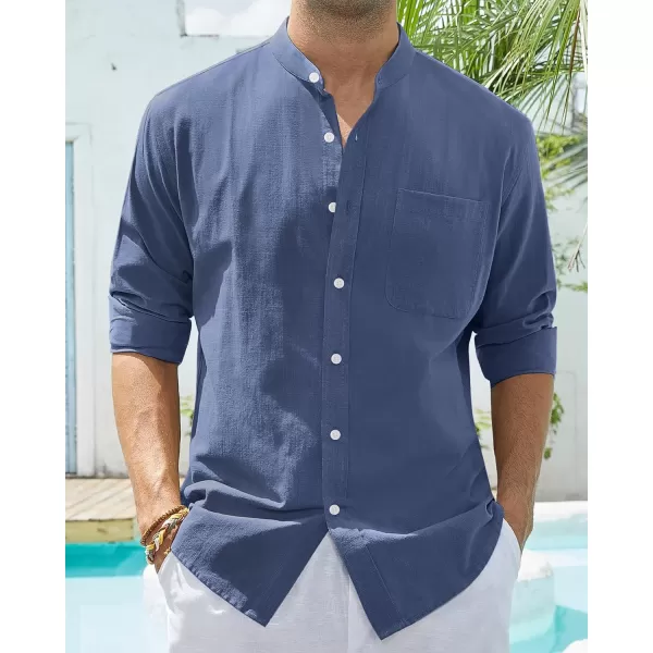 Alimens &amp; Gentle Men's Cotton Linen Shirts Long Sleeve Button Down Shirt Band Collar Beach Shirts