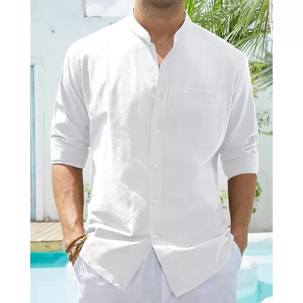 Alimens &amp; Gentle Men's Cotton Linen Shirts Long Sleeve Button Down Shirt Band Collar Beach Shirts