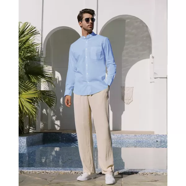 Alimens &amp; Gentle Men's Cotton Linen Shirts Long Sleeve Button Down Shirt Band Collar Beach Shirts