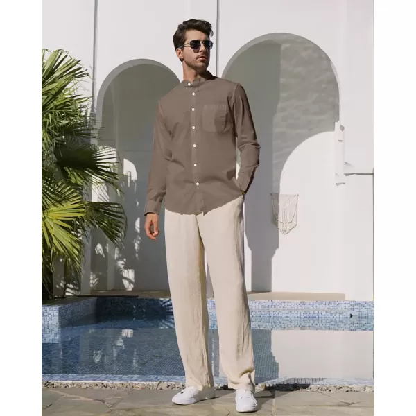Alimens &amp; Gentle Men's Cotton Linen Shirts Long Sleeve Button Down Shirt Band Collar Beach Shirts