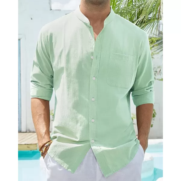 Alimens &amp; Gentle Men's Cotton Linen Shirts Long Sleeve Button Down Shirt Band Collar Beach Shirts