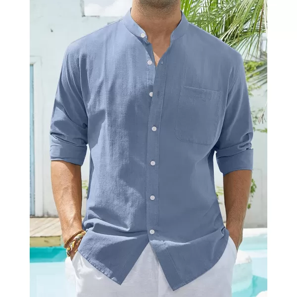 Alimens &amp; Gentle Men's Cotton Linen Shirts Long Sleeve Button Down Shirt Band Collar Beach Shirts