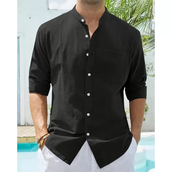 Alimens &amp; Gentle Men's Cotton Linen Shirts Long Sleeve Button Down Shirt Band Collar Beach Shirts