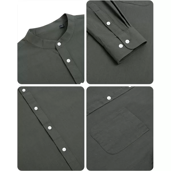 Alimens &amp; Gentle Men's Cotton Linen Shirts Long Sleeve Button Down Shirt Band Collar Beach Shirts