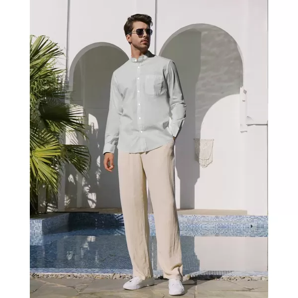 Alimens &amp; Gentle Men's Cotton Linen Shirts Long Sleeve Button Down Shirt Band Collar Beach Shirts
