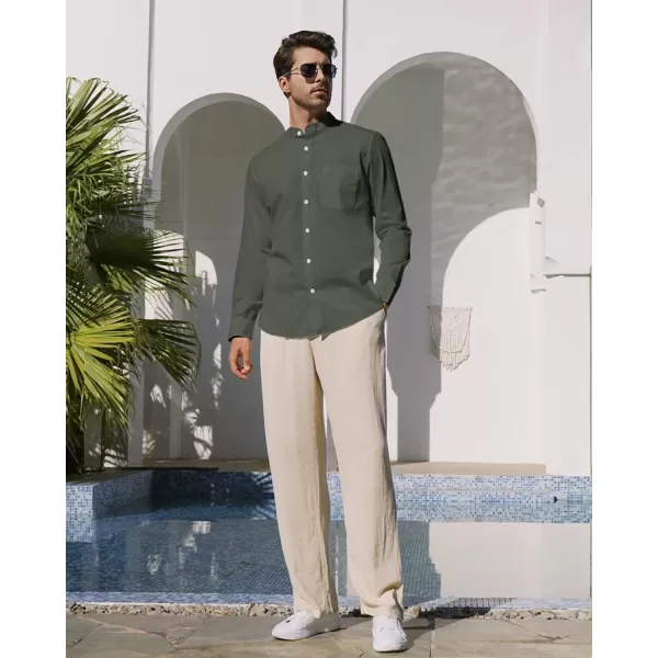 Alimens &amp; Gentle Men's Cotton Linen Shirts Long Sleeve Button Down Shirt Band Collar Beach Shirts