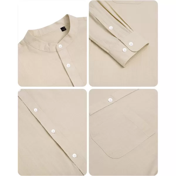 Alimens &amp; Gentle Men's Cotton Linen Shirts Long Sleeve Button Down Shirt Band Collar Beach Shirts