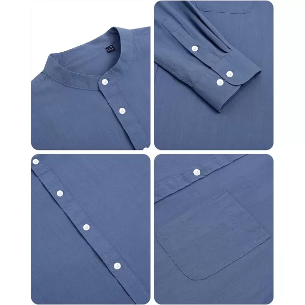 Alimens &amp; Gentle Men's Cotton Linen Shirts Long Sleeve Button Down Shirt Band Collar Beach Shirts