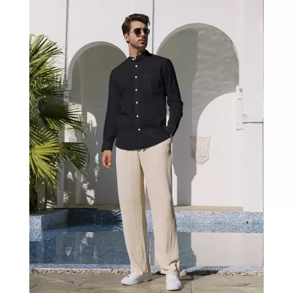 Alimens &amp; Gentle Men's Cotton Linen Shirts Long Sleeve Button Down Shirt Band Collar Beach Shirts