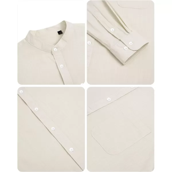 Alimens &amp; Gentle Men's Cotton Linen Shirts Long Sleeve Button Down Shirt Band Collar Beach Shirts