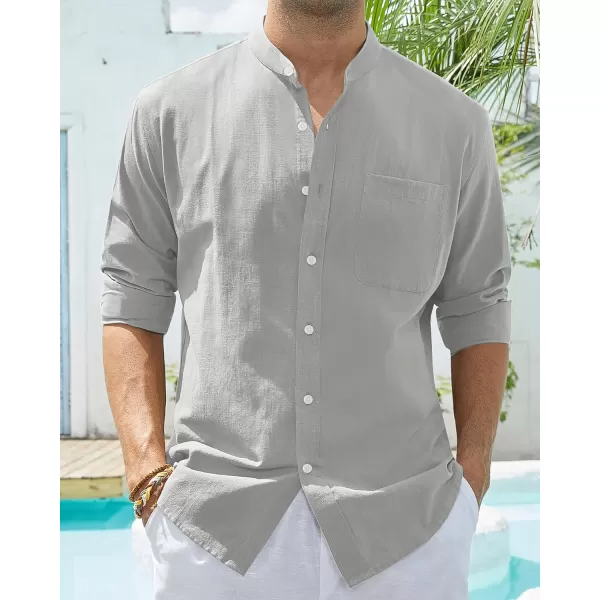 Alimens &amp; Gentle Men's Cotton Linen Shirts Long Sleeve Button Down Shirt Band Collar Beach Shirts