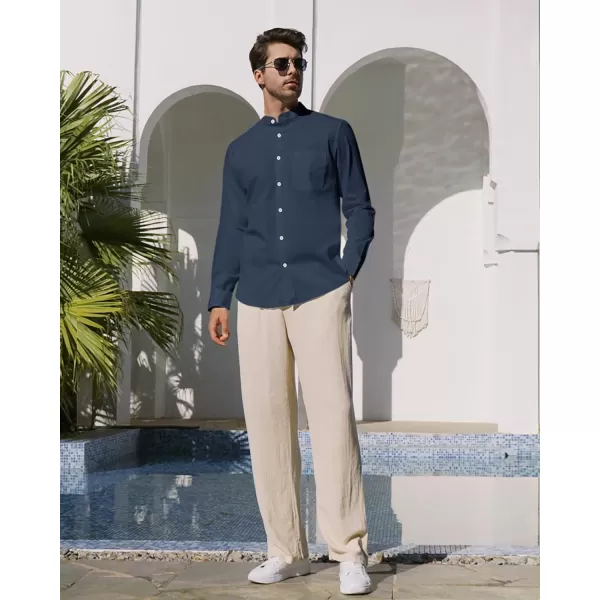 Alimens &amp; Gentle Men's Cotton Linen Shirts Long Sleeve Button Down Shirt Band Collar Beach Shirts