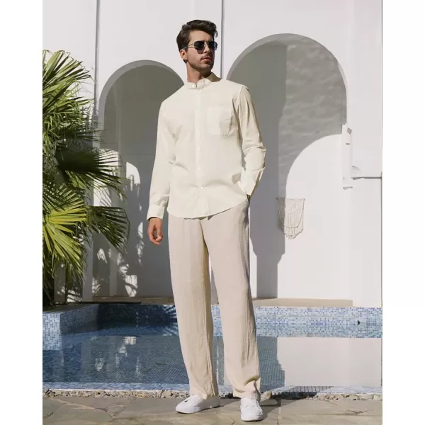Alimens &amp; Gentle Men's Cotton Linen Shirts Long Sleeve Button Down Shirt Band Collar Beach Shirts