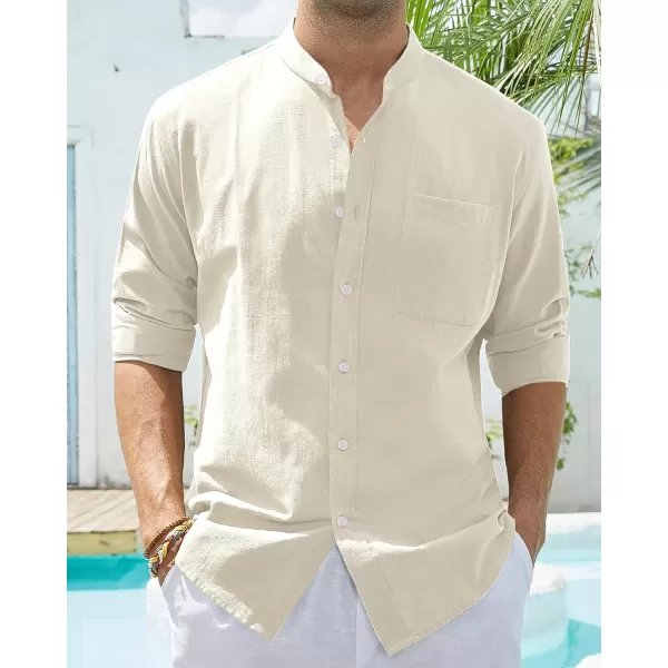 Alimens &amp; Gentle Men's Cotton Linen Shirts Long Sleeve Button Down Shirt Band Collar Beach Shirts