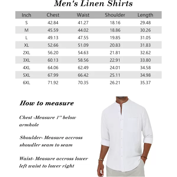 Alimens &amp; Gentle Men's Cotton Linen Shirts Long Sleeve Button Down Shirt Band Collar Beach Shirts