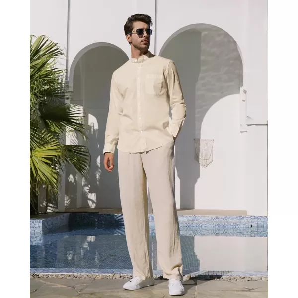 Alimens &amp; Gentle Men's Cotton Linen Shirts Long Sleeve Button Down Shirt Band Collar Beach Shirts