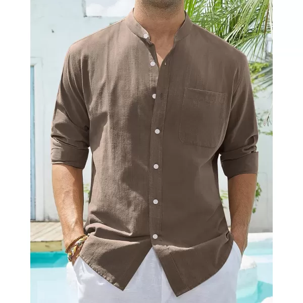 Alimens &amp; Gentle Men's Cotton Linen Shirts Long Sleeve Button Down Shirt Band Collar Beach Shirts
