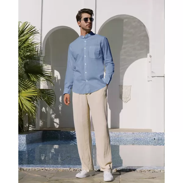 Alimens &amp; Gentle Men's Cotton Linen Shirts Long Sleeve Button Down Shirt Band Collar Beach Shirts
