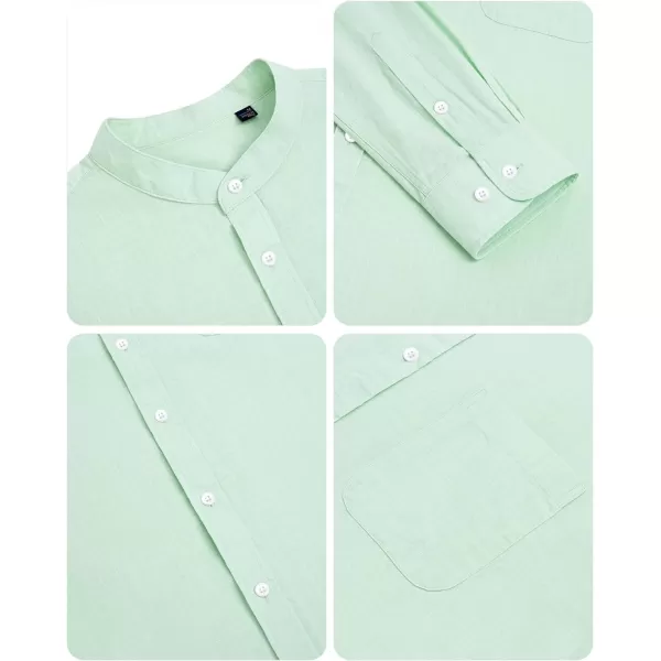 Alimens &amp; Gentle Men's Cotton Linen Shirts Long Sleeve Button Down Shirt Band Collar Beach Shirts