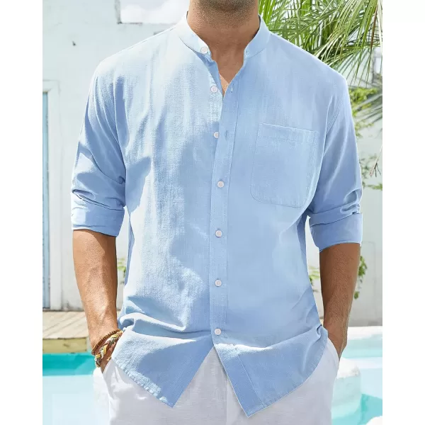 Alimens &amp; Gentle Men's Cotton Linen Shirts Long Sleeve Button Down Shirt Band Collar Beach Shirts