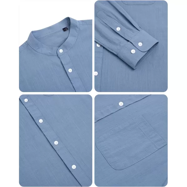 Alimens &amp; Gentle Men's Cotton Linen Shirts Long Sleeve Button Down Shirt Band Collar Beach Shirts