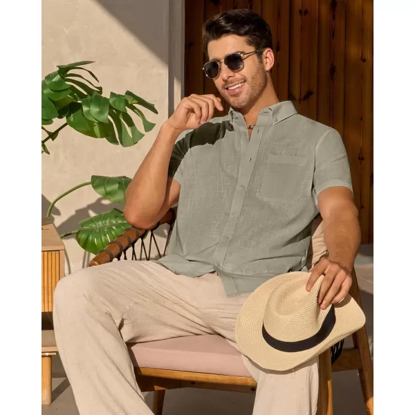 Alimens &amp; Gentle Mens Linen Shirt Short Sleeve Casual Cotton Button Down Shirts Collared Summer Beach Shirts