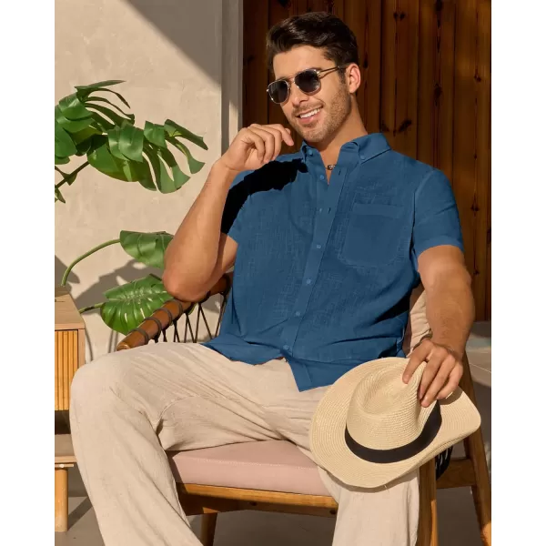 Alimens &amp; Gentle Mens Linen Shirt Short Sleeve Casual Cotton Button Down Shirts Collared Summer Beach Shirts