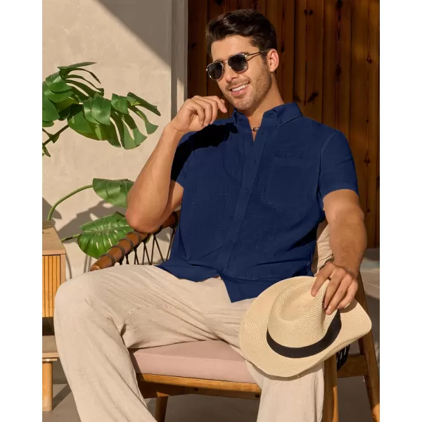 Alimens &amp; Gentle Mens Linen Shirt Short Sleeve Casual Cotton Button Down Shirts Collared Summer Beach Shirts