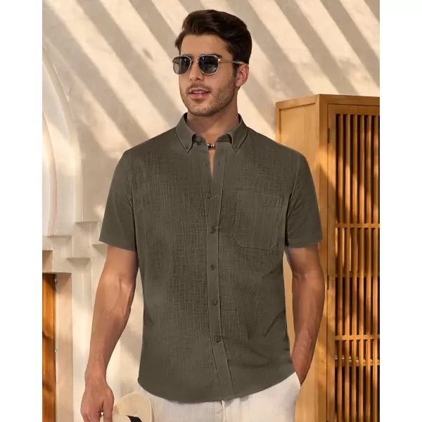Alimens &amp; Gentle Mens Linen Shirt Short Sleeve Casual Cotton Button Down Shirts Collared Summer Beach Shirts