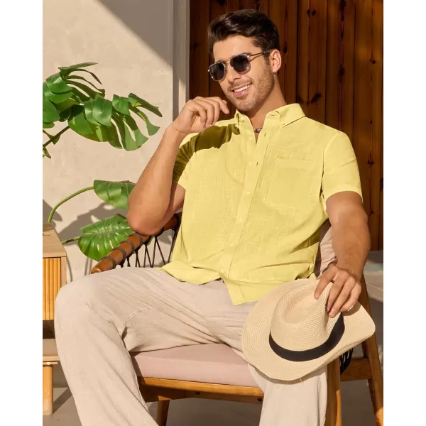 Alimens &amp; Gentle Mens Linen Shirt Short Sleeve Casual Cotton Button Down Shirts Collared Summer Beach Shirts