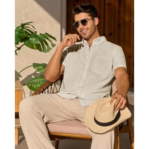 Alimens &amp; Gentle Mens Linen Shirt Short Sleeve Casual Cotton Button Down Shirts Collared Summer Beach Shirts