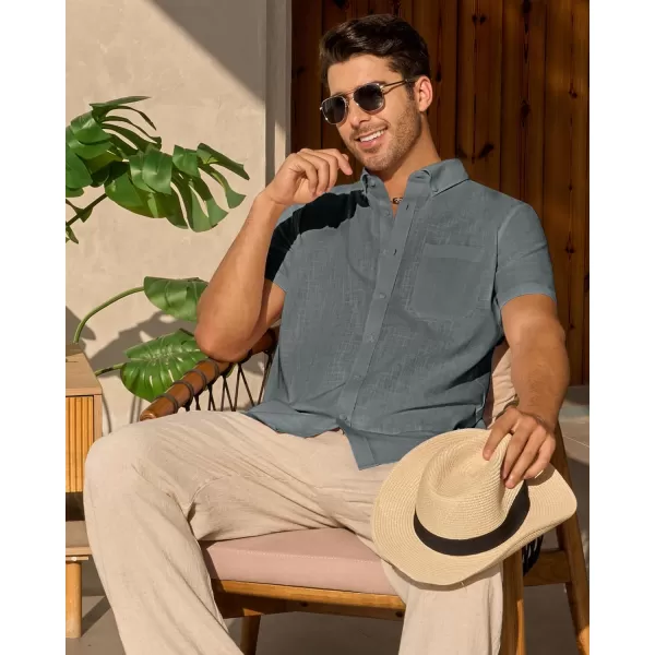 Alimens &amp; Gentle Mens Linen Shirt Short Sleeve Casual Cotton Button Down Shirts Collared Summer Beach Shirts