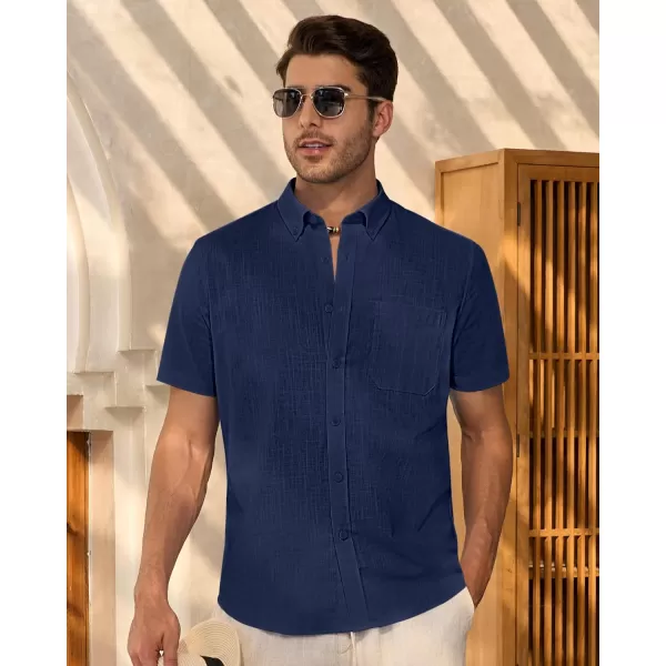 Alimens &amp; Gentle Mens Linen Shirt Short Sleeve Casual Cotton Button Down Shirts Collared Summer Beach Shirts