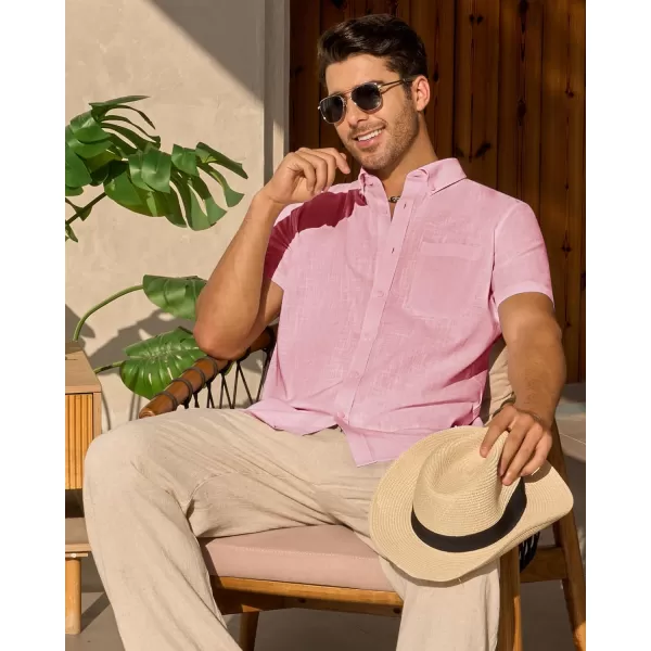Alimens &amp; Gentle Mens Linen Shirt Short Sleeve Casual Cotton Button Down Shirts Collared Summer Beach Shirts