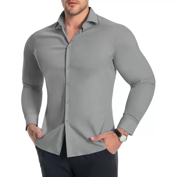 Alimens &amp; Gentle Men's Muscle Fit Dress Shirts Stretch Slim Fit Long Sleeve Button Down Shirts Business Formal Dress Shirts