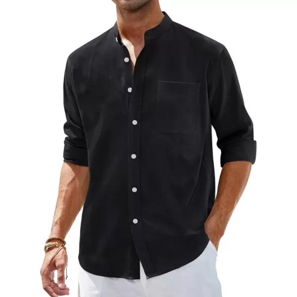 Alimens &amp; Gentle Men's Cotton Linen Shirts Long Sleeve Button Down Shirt Band Collar Beach Shirts