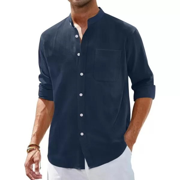 Alimens &amp; Gentle Men's Cotton Linen Shirts Long Sleeve Button Down Shirt Band Collar Beach Shirts