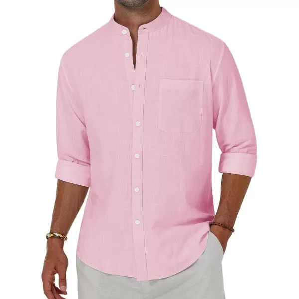 Alimens &amp; Gentle Men's Cotton Linen Shirts Long Sleeve Button Down Shirt Band Collar Beach Shirts