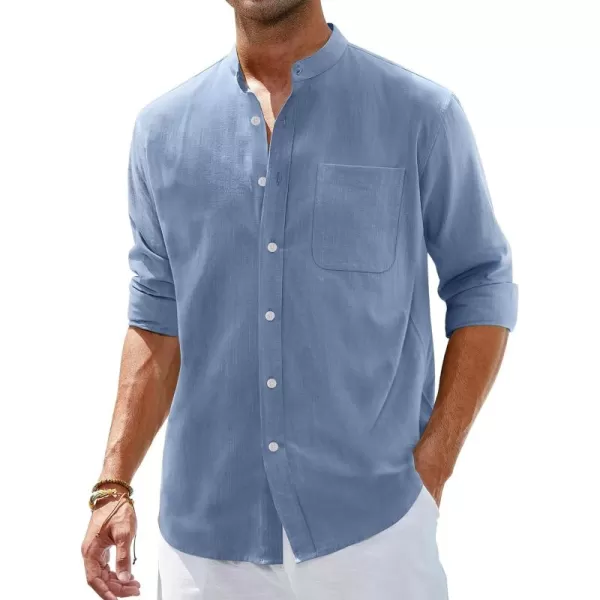 Alimens &amp; Gentle Men's Cotton Linen Shirts Long Sleeve Button Down Shirt Band Collar Beach Shirts
