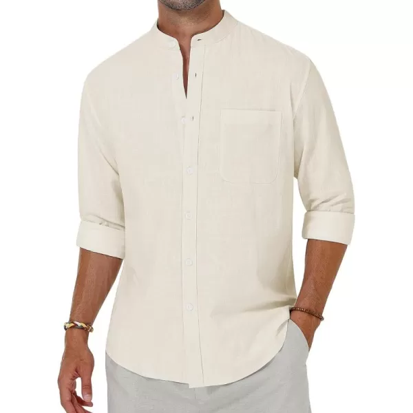 Alimens &amp; Gentle Men's Cotton Linen Shirts Long Sleeve Button Down Shirt Band Collar Beach Shirts
