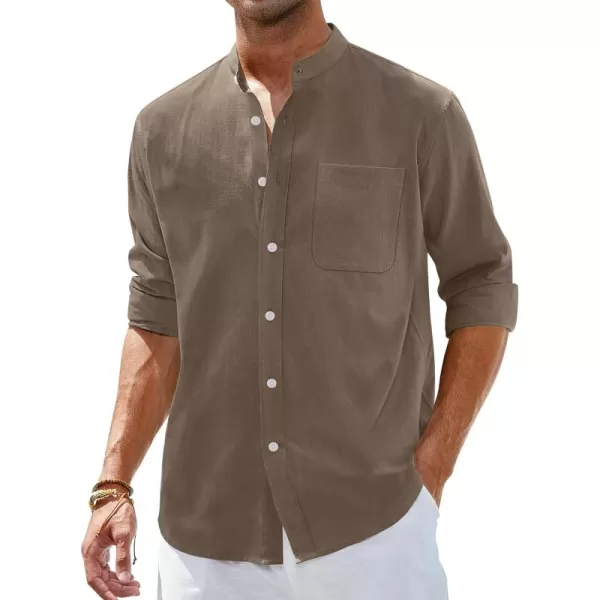 Alimens &amp; Gentle Men's Cotton Linen Shirts Long Sleeve Button Down Shirt Band Collar Beach Shirts