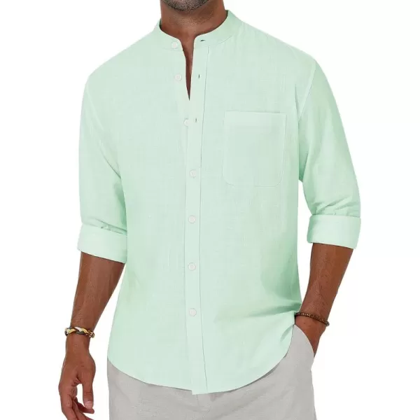 Alimens &amp; Gentle Men's Cotton Linen Shirts Long Sleeve Button Down Shirt Band Collar Beach Shirts